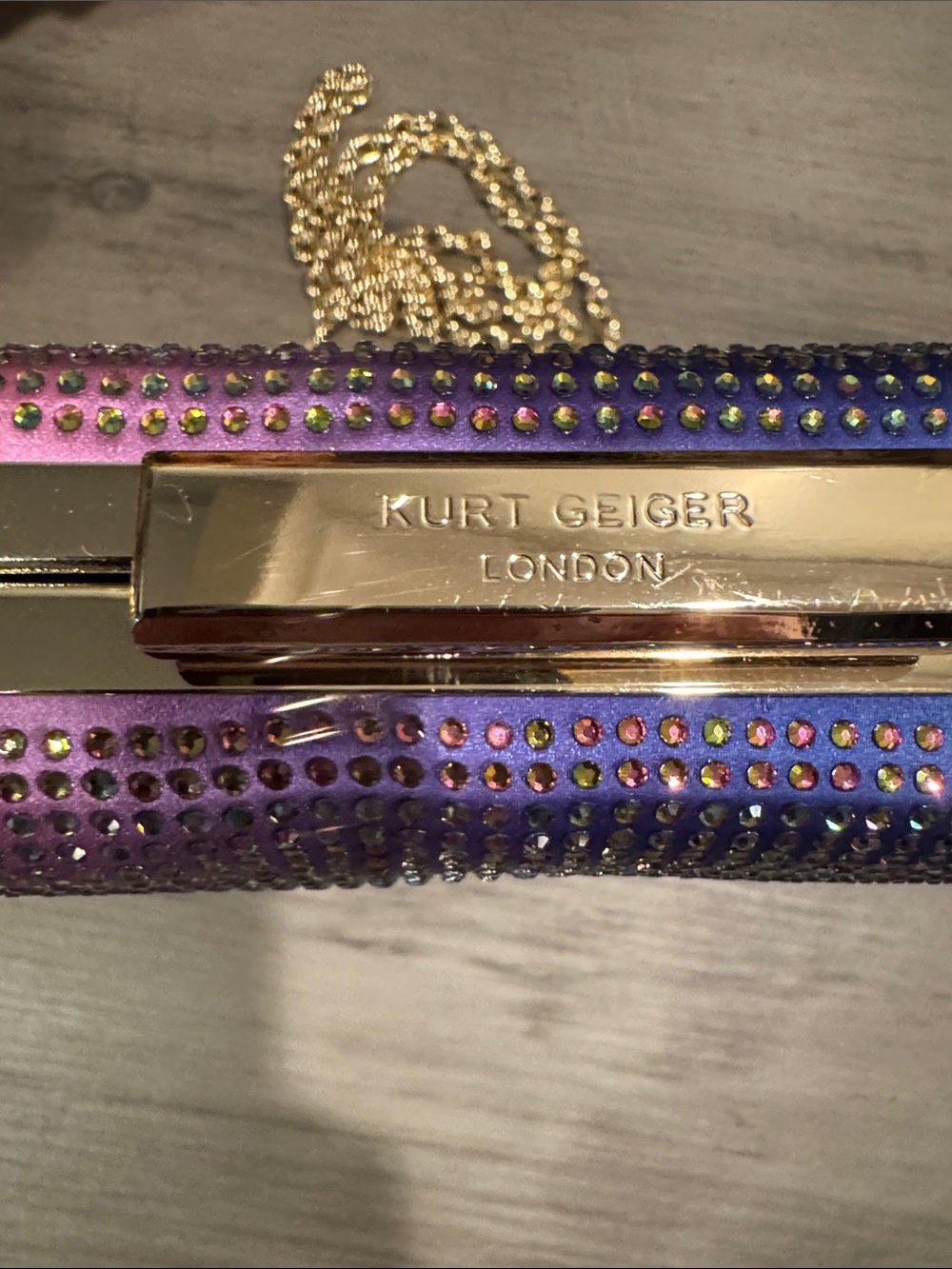 Kurt Geiger Rainbow Ombre Crystal Minaudière with Gold Chain - Picture 3 of 4